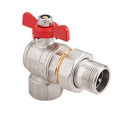 Кран шаровой латунный с американкой угловой 3/4", ручка-бабочка, никель MVI Premium BV.922.05