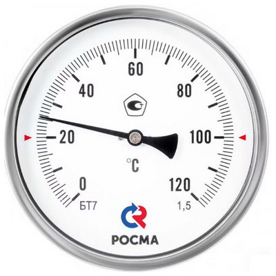 Термометр биметаллический осевой Росма БТ (серия 211) (0-160°С) M20x1.5 ДК150мм, класс точности 1.5, с гильзой из латуни