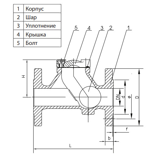 Обратный клапан шаровой Гранлок RD12.02.150.16.Ф/Ф Ду150 Ру16 Tmax=70°C фланцевый чугунный синий