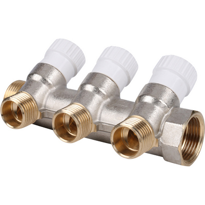 Коллектор Stout 3/4"х1/2" с запорными вентилями, Никель