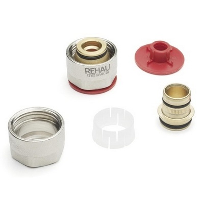 Соединитель коллекторный обжимной Rehau/Рехау Therm S Ø17(2.0)х3/4"ЕК евроконус для полимерной PEX трубы, латунь, 12506073002
