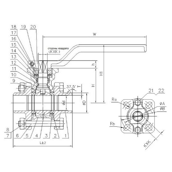 Кран шаровой ABRA-BV 1 1/4" Ду32 Ру40 двухсоставной c ISO верхним фланцем, полнопроходной под приварку, из нержавеющей стали с рукояткой, ABRA-BV-61-032