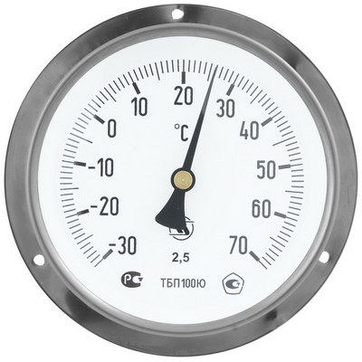 Термометр биметалл. накладной Юмас ТБП100 (-30…70°C) ДК100мм кл. точности 2,5 без штуцера с фланцем, 8400381755
