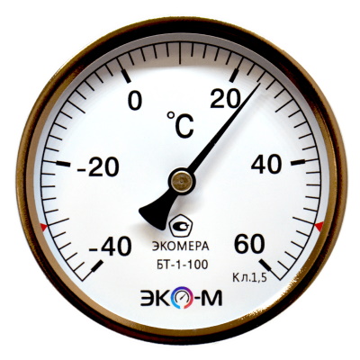 Термометр биметаллический аксиальный Экомера БТ-1 (-40-60°C) G1/2 ДК 100мм, с гильзой