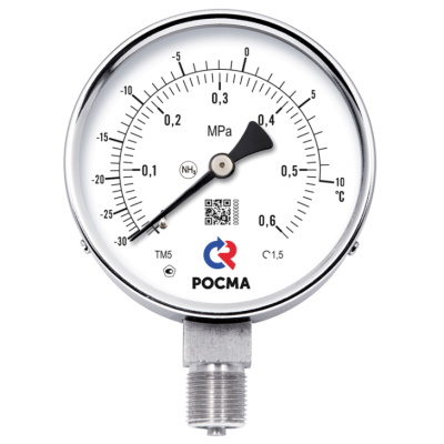 Манометр аммиачный радиальный Росма ТМ (серия 11) M20x1.5 ДК100мм, класс точности 1.5, двойная шкала, хром